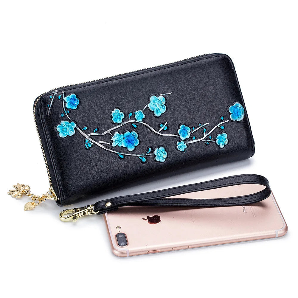 Women's Leather Long Wallet Rfid Handbag Ethnic Style Purse