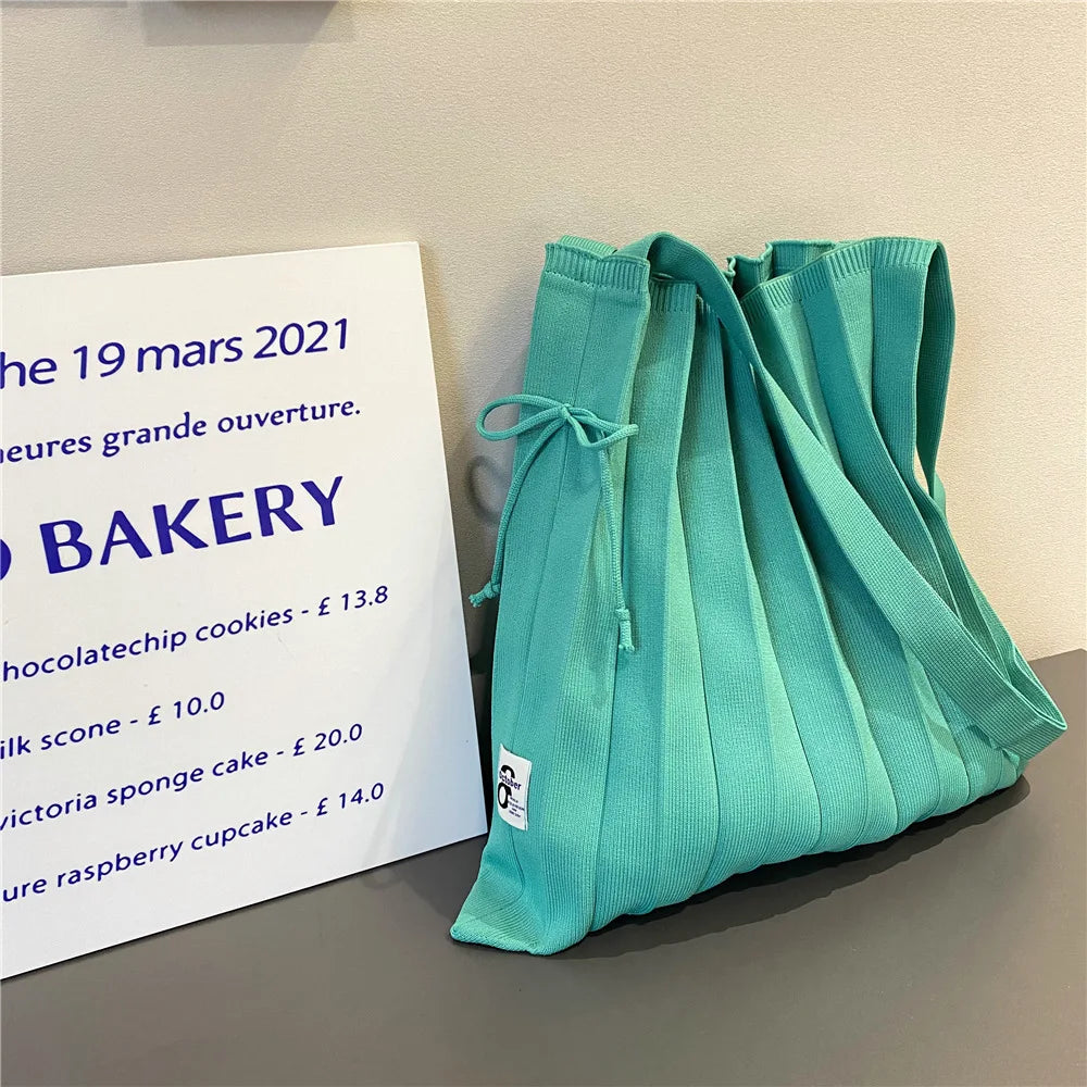 Women's Large Shoulder Bag Solid Foldable Knitting Organ Pleated Shopping Bags