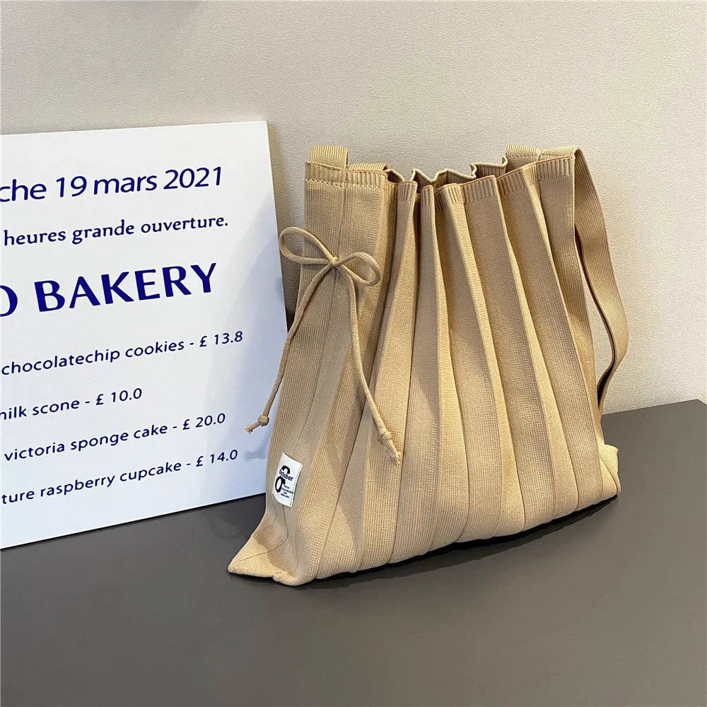 Women's Large Shoulder Bag Solid Foldable Knitting Organ Pleated Shopping Bags