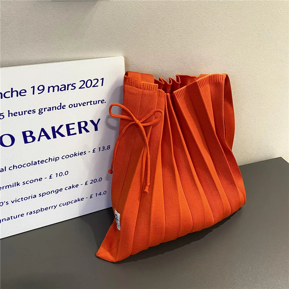 Women's Large Shoulder Bag Solid Foldable Knitting Organ Pleated Shopping Bags