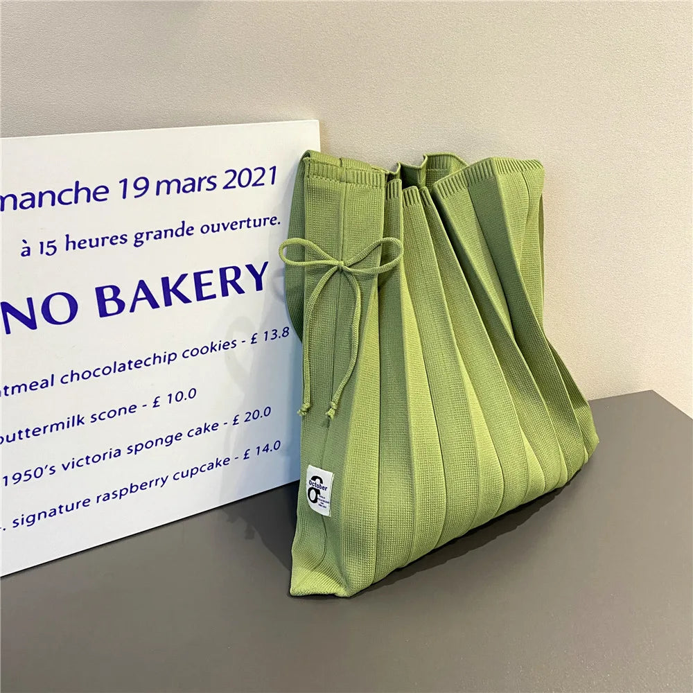 Women's Large Shoulder Bag Solid Foldable Knitting Organ Pleated Shopping Bags