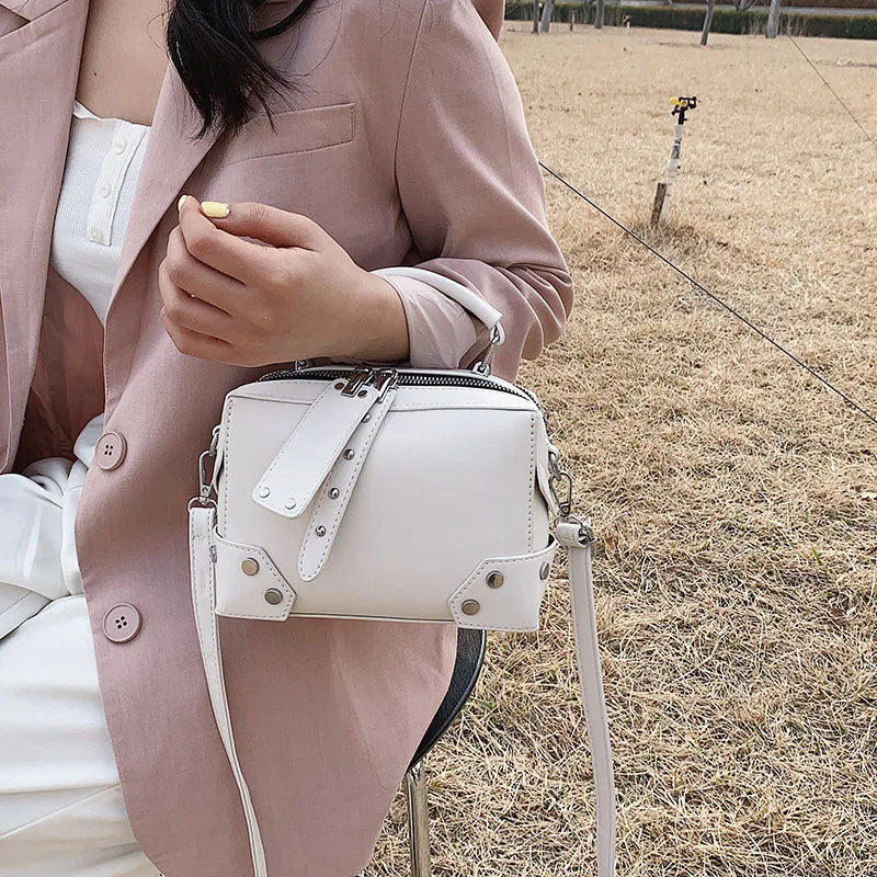 Women's Square Bag PU Leather Shoulder Messenger Bag Rivet Solid Travel Tote