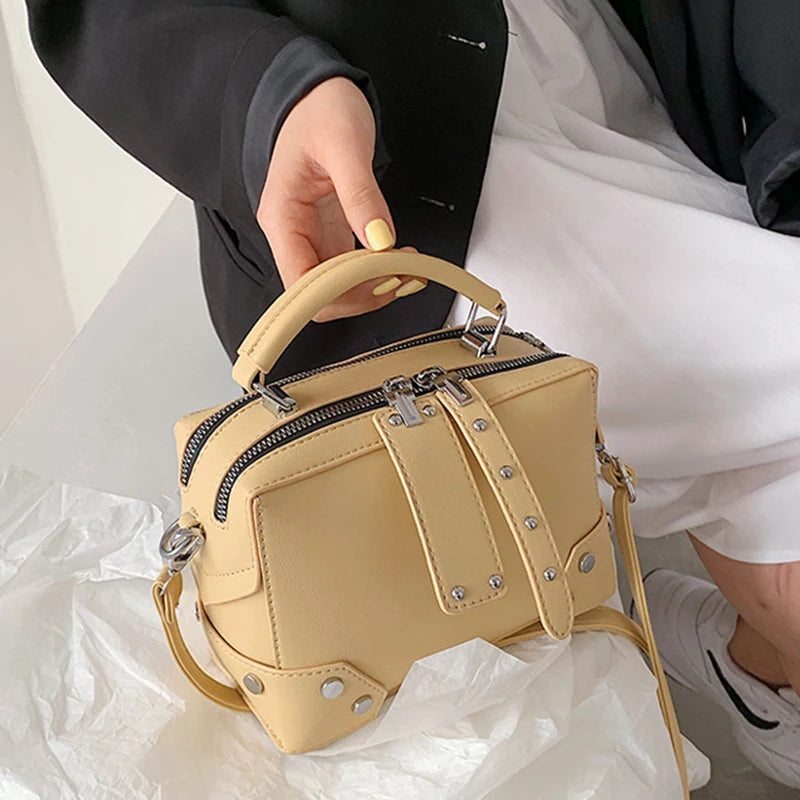 Women's Square Bag PU Leather Shoulder Messenger Bag Rivet Solid Travel Tote