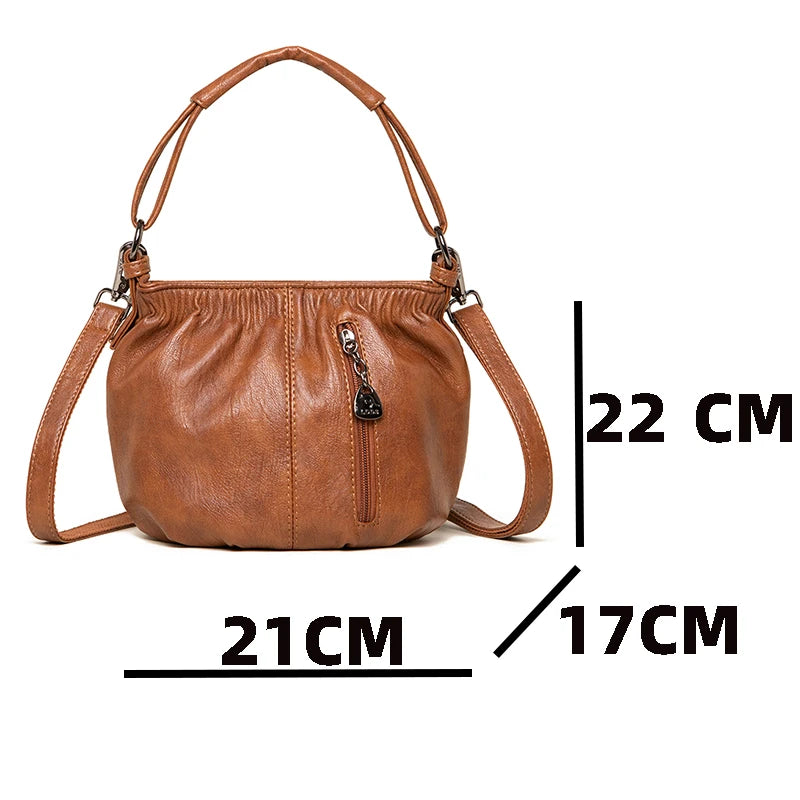 Soft Leather Crossbody Bag Classic Handbag Lady Casual Retro Bucket