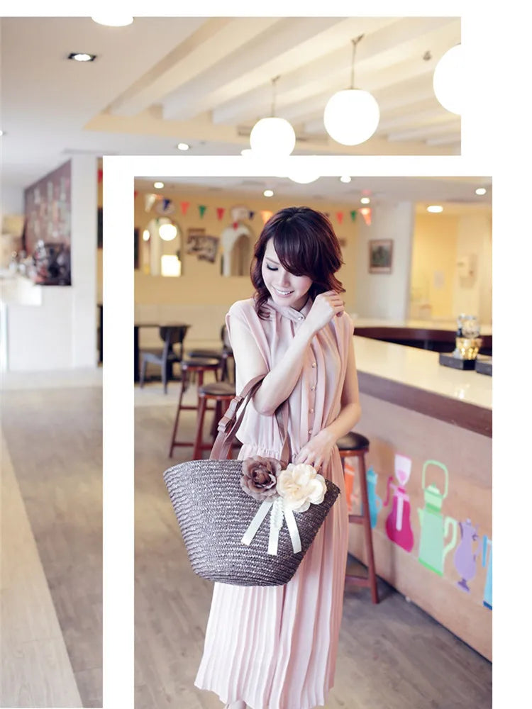 Women's Straw Handbag Flower Woven Beach Tote Bohemia Shoulder Bag