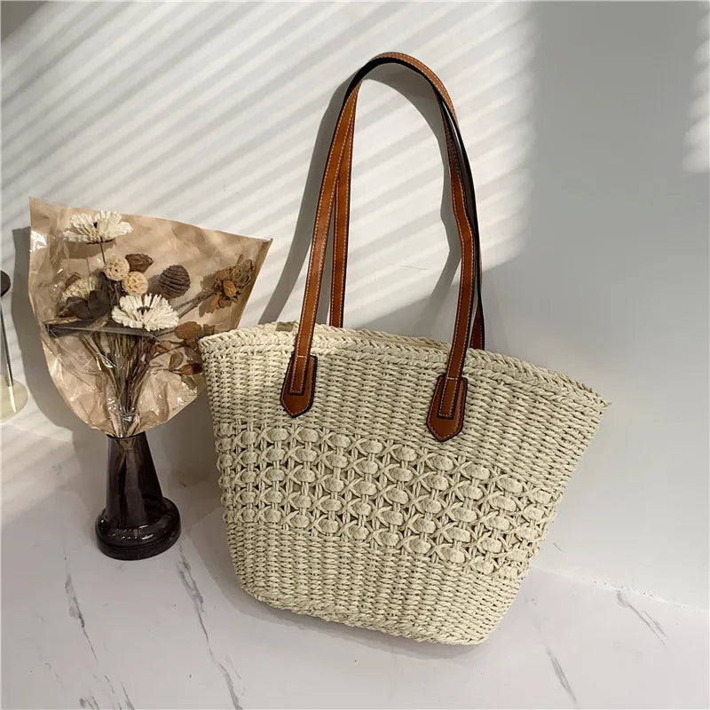 Straw Weaving Beach Bag with PU Strap for Women