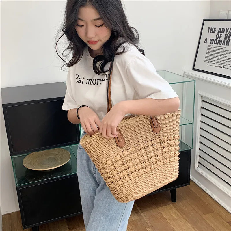 Straw Weaving Beach Bag with PU Strap for Women