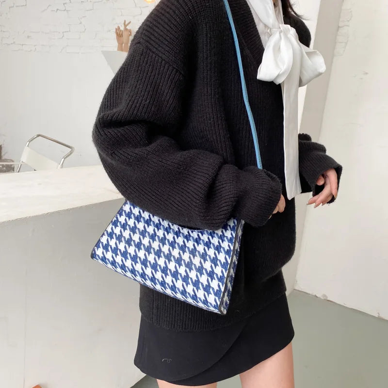 Women's Tote Bag High PU Leather Shoulder Wild Grid Crossbody Handb
