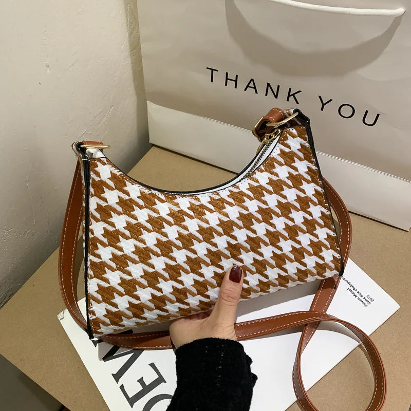 Women's Tote Bag High PU Leather Shoulder Wild Grid Crossbody Handb