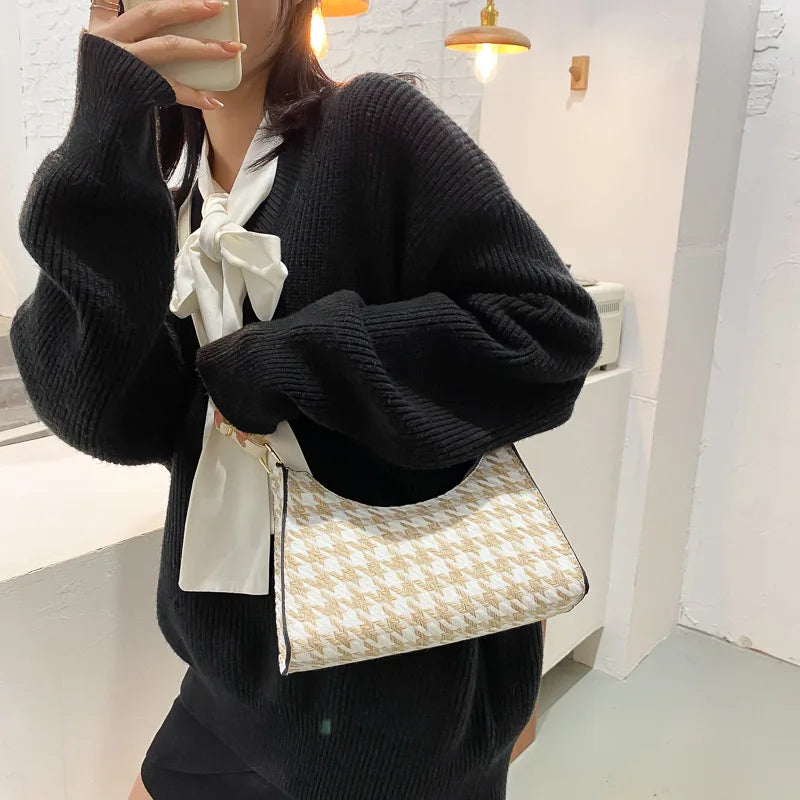 Women's Tote Bag High PU Leather Shoulder Wild Grid Crossbody Handb