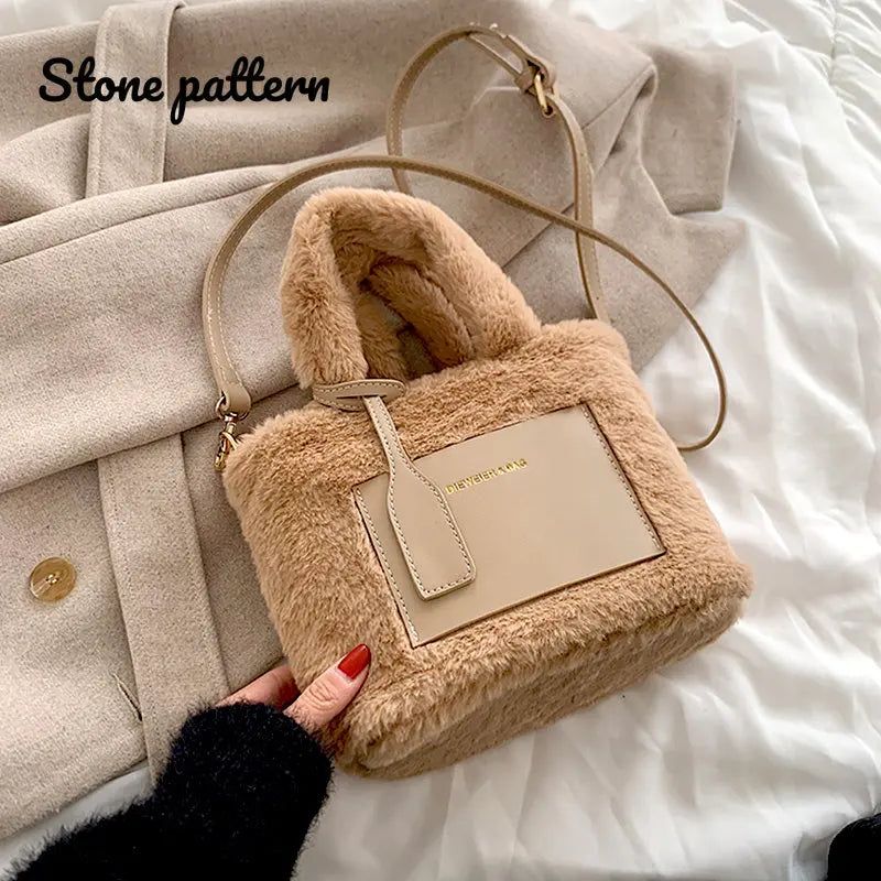 Plush Shoulder Bags Letters Printing Handbags Large Capacity Bucket Bags