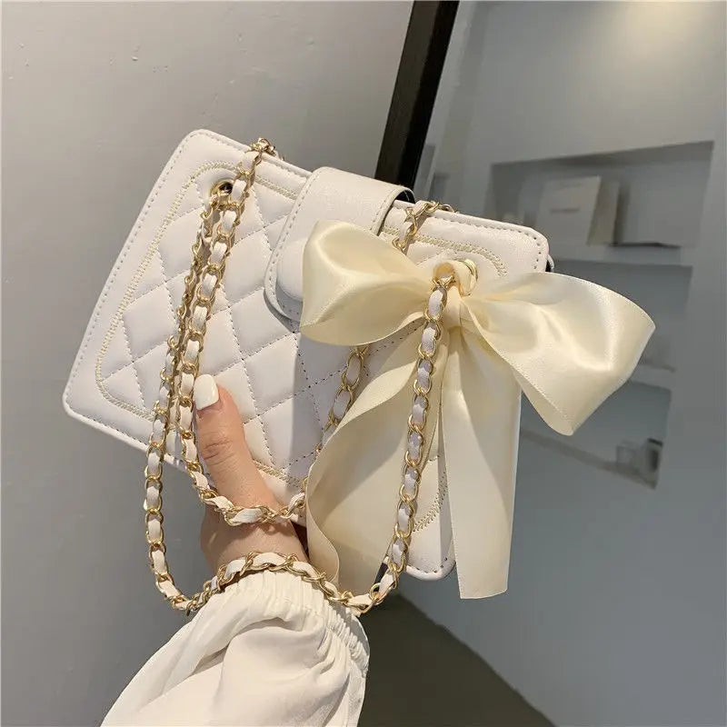 Women's Bow Silk Scarf Underarm Bag Diamond Chain Shoulder Messenger Bag