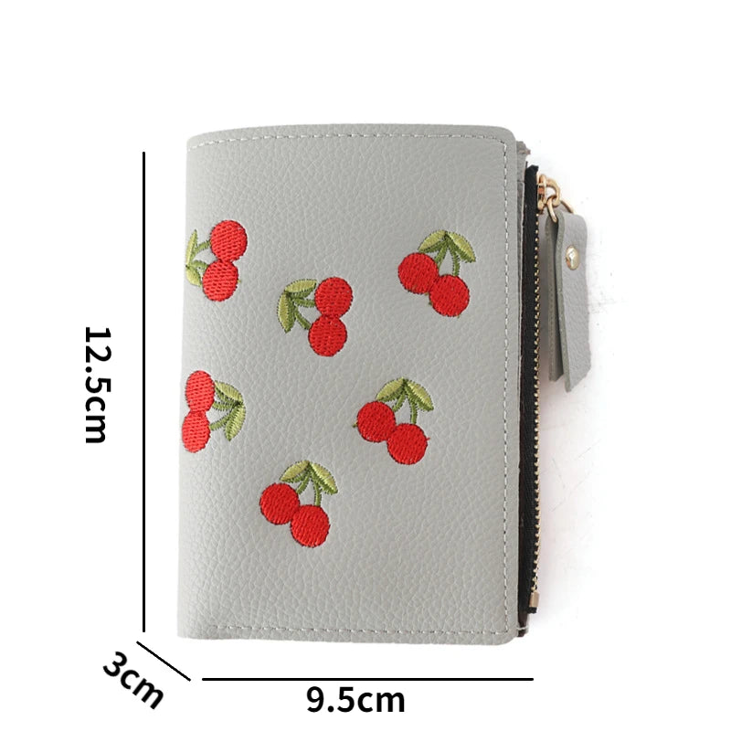 Cherry Embroidered Short Wallet Women's Purse