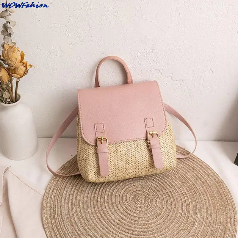 Women's Vintage Straw Backpack Shoulder Bag Woven PU Leather Small