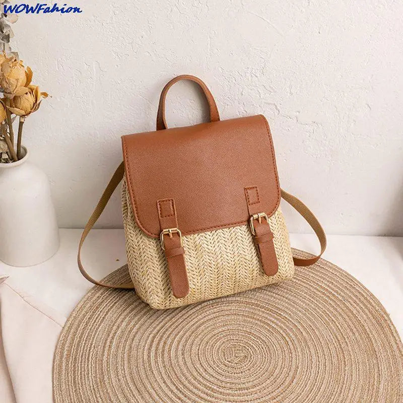 Women's Vintage Straw Backpack Shoulder Bag Woven PU Leather Small