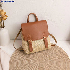 Women's Vintage Straw Backpack Shoulder Bag Woven PU Leather Small