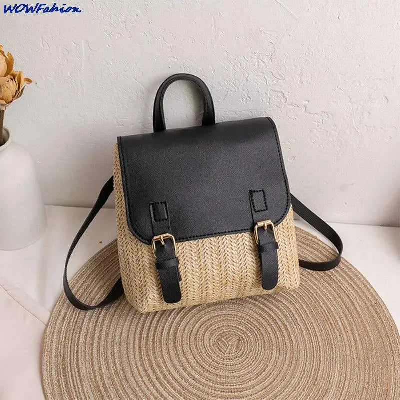 Women's Vintage Straw Backpack Shoulder Bag Woven PU Leather Small