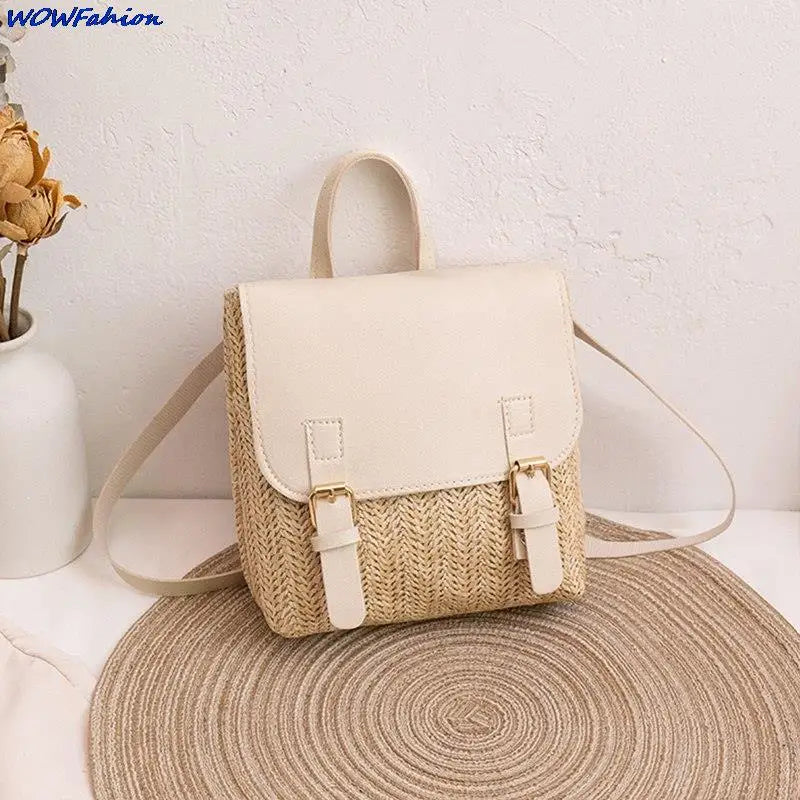 Women's Vintage Straw Backpack Shoulder Bag Woven PU Leather Small