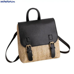 Women's Vintage Straw Backpack Shoulder Bag Woven PU Leather Small