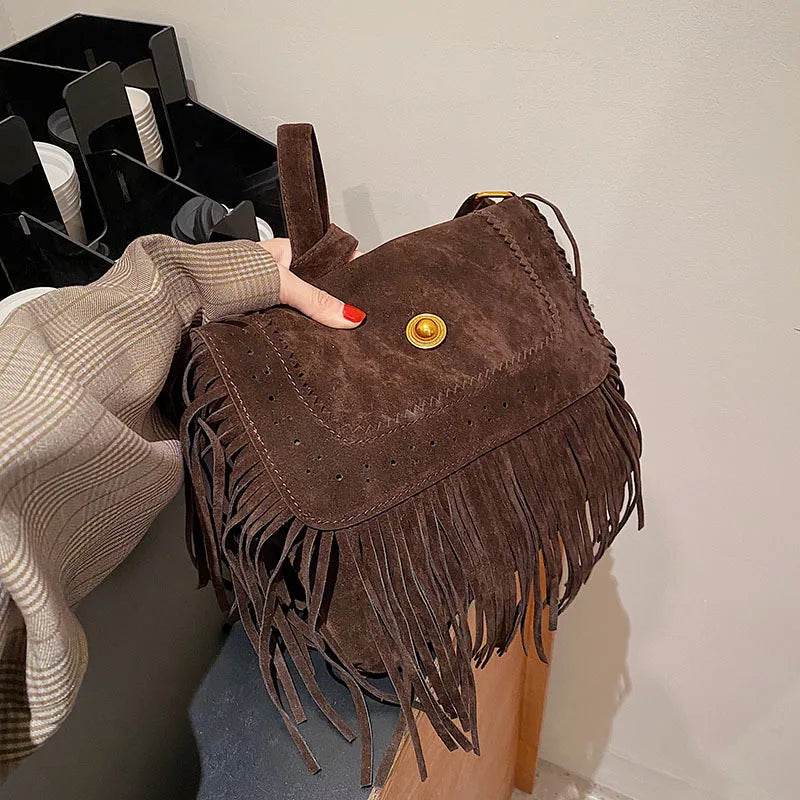 Vintage Tassle Suede Crossbody Bag Bohemian Handbag Purse
