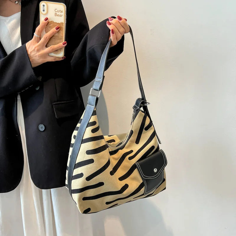 Zebra-stripe Canvas Waist Bag Large Capacity School Shoulder Tote