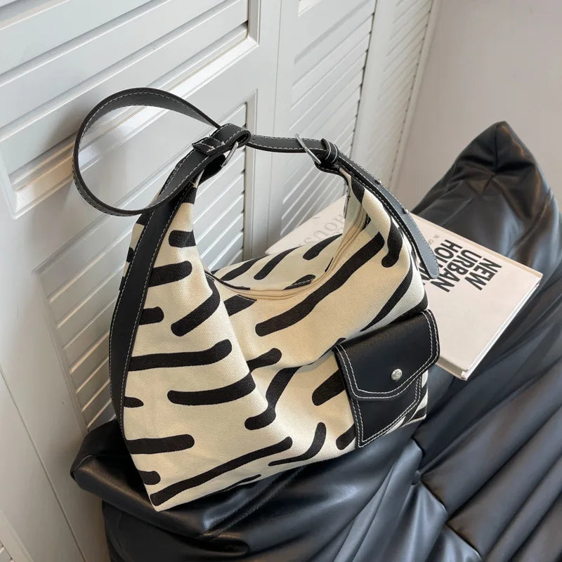 Zebra-stripe Canvas Waist Bag Large Capacity School Shoulder Tote