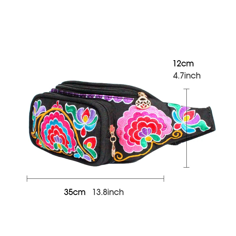 Embroidered Flower Ethnic Waist Pack Crossbody Chest Bag