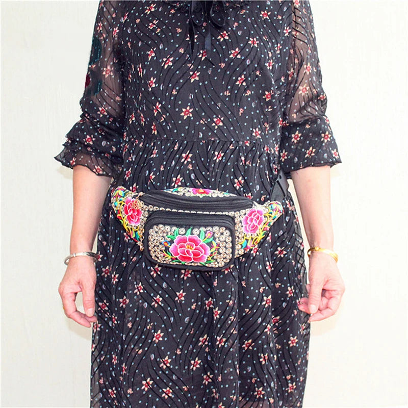 Embroidered Flower Ethnic Waist Pack Crossbody Chest Bag