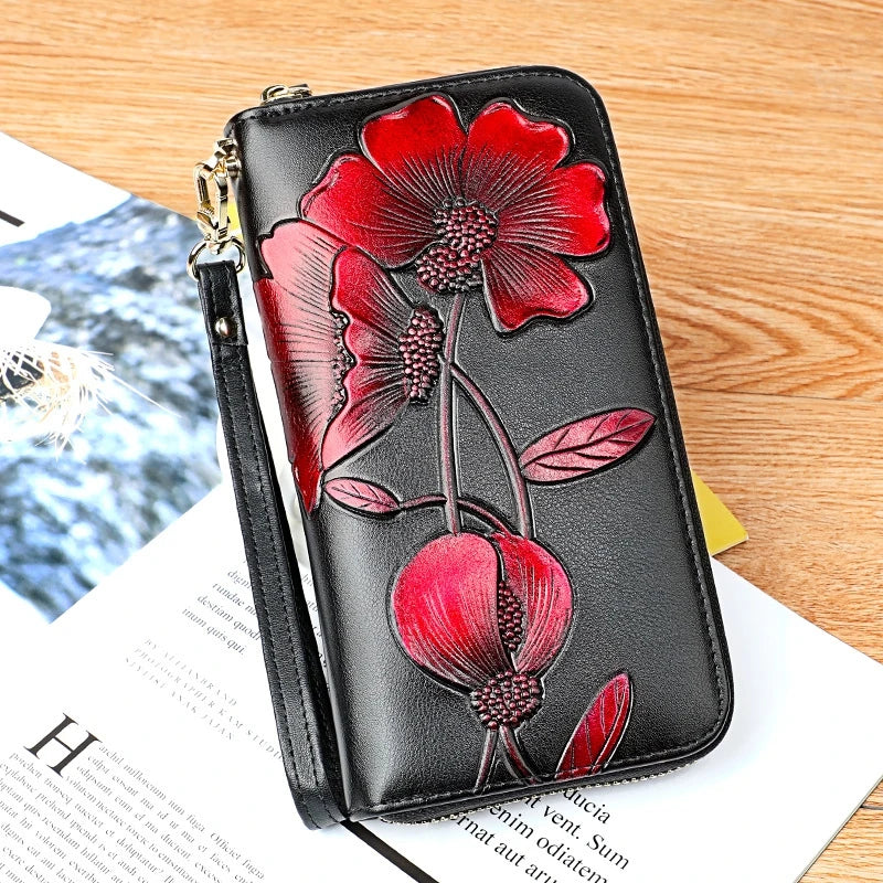 Leather Wallet with Floral Tulip Embossing Zipper Long Clutch