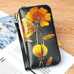 Leather Wallet with Floral Tulip Embossing Zipper Long Clutch