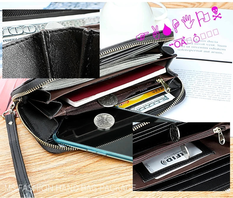 Leather Wallet with Floral Tulip Embossing Zipper Long Clutch