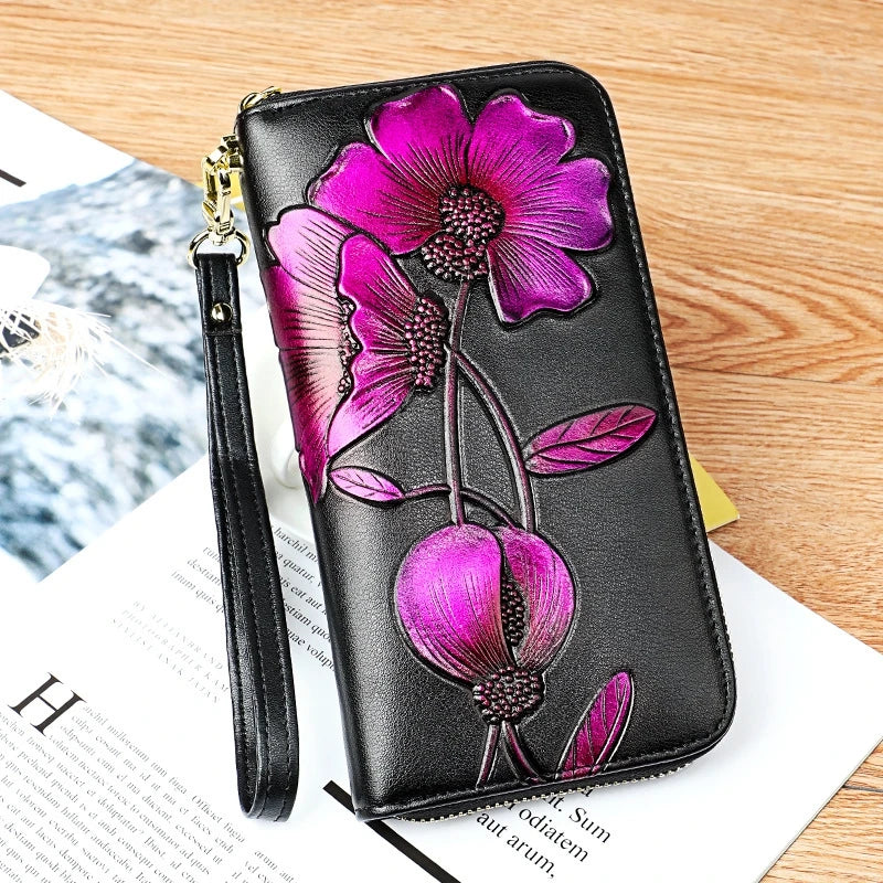 Leather Wallet with Floral Tulip Embossing Zipper Long Clutch
