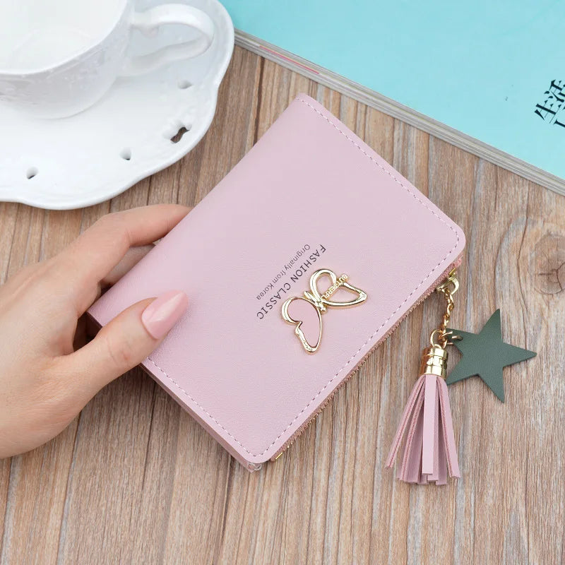 Women's Short Butterfly Tassel Zipper Wallet with Tassel