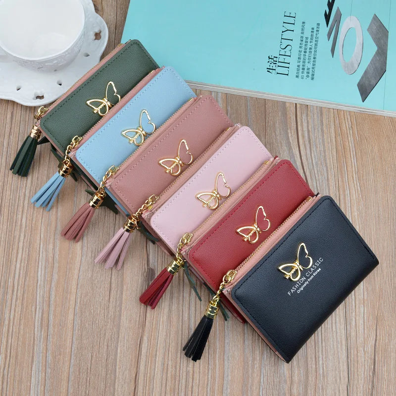 Women's Short Butterfly Tassel Zipper Wallet with Tassel