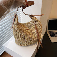Large Capacity Women's Woven Beach Bag Hobo Straw Shoulder Handbag