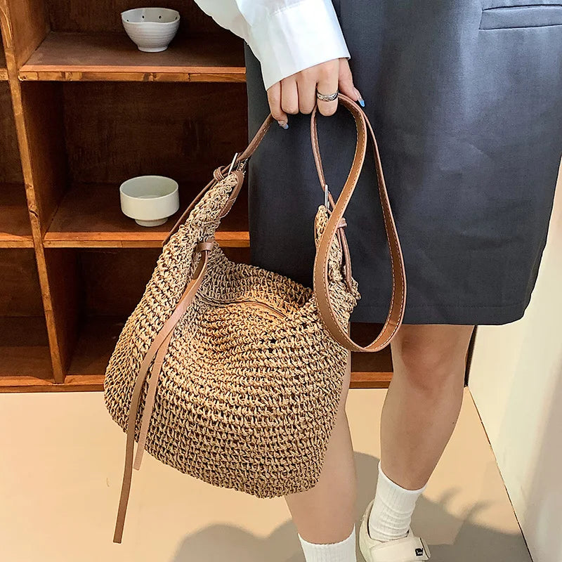 Large Capacity Women's Woven Beach Bag Hobo Straw Shoulder Handbag