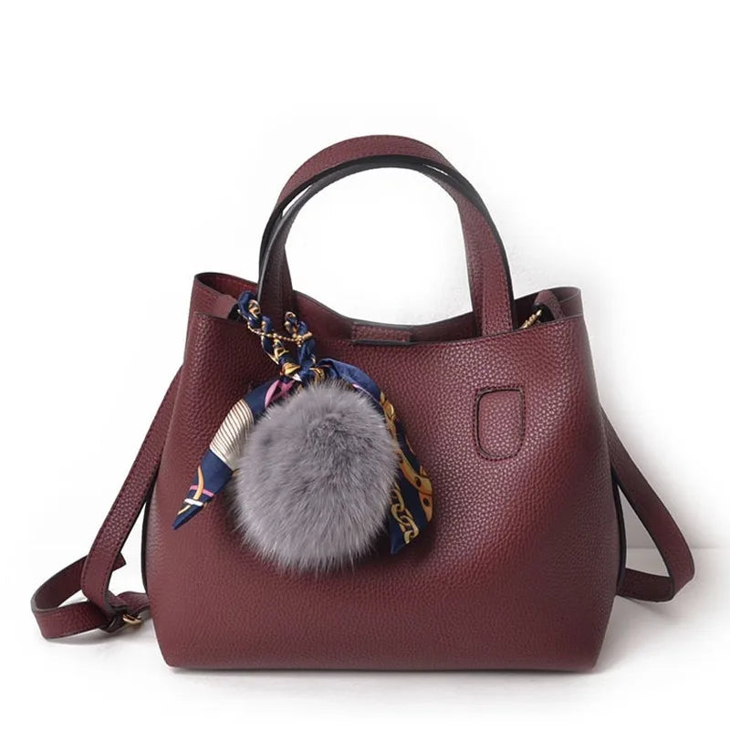 Women's PU Leather Wool Ball Bucket Bag Mother Lady Messenger Shoulder Handbag