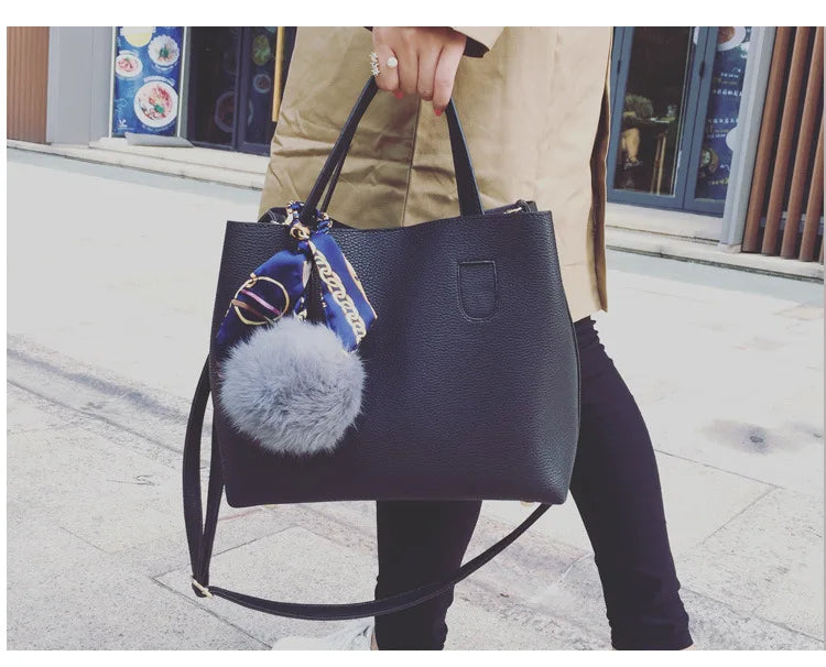 Women's PU Leather Wool Ball Bucket Bag Mother Lady Messenger Shoulder Handbag