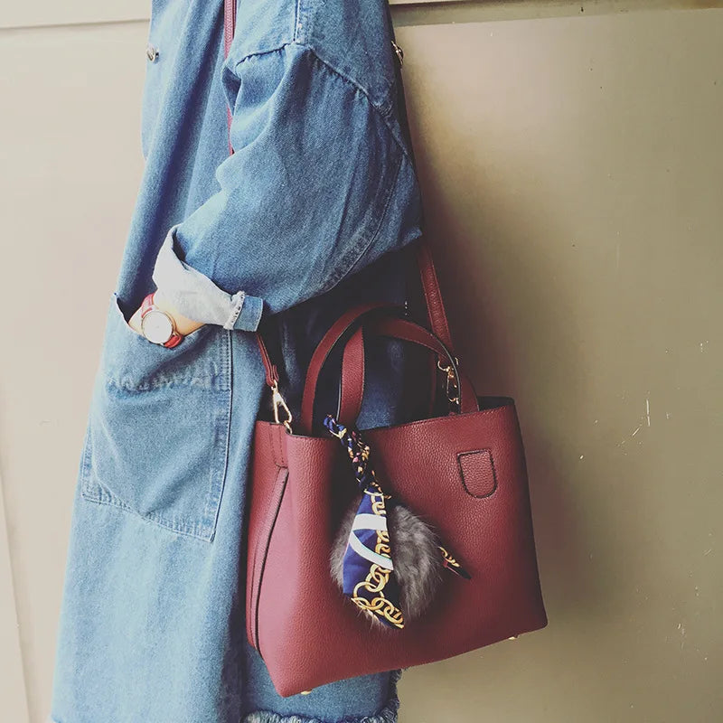 Women's PU Leather Wool Ball Bucket Bag Mother Lady Messenger Shoulder Handbag