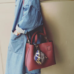 Women's PU Leather Wool Ball Bucket Bag Mother Lady Messenger Shoulder Handbag