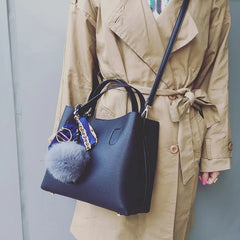 Women's PU Leather Wool Ball Bucket Bag Mother Lady Messenger Shoulder Handbag