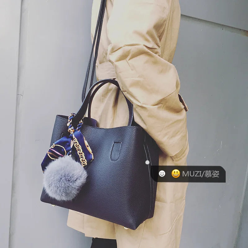 Women's PU Leather Wool Ball Bucket Bag Mother Lady Messenger Shoulder Handbag