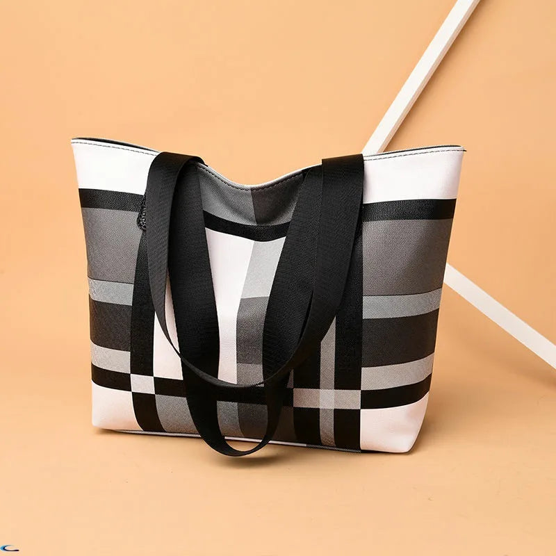 Women's Large Capacity PU Leather Shoulder Bag Check Handbag