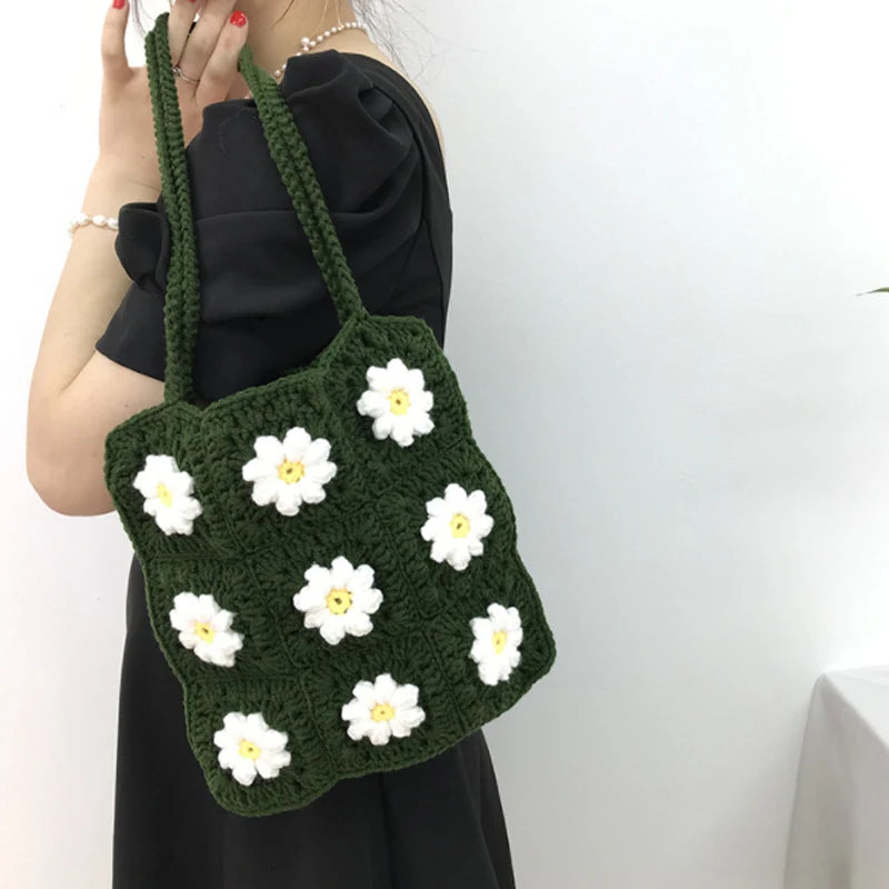 Women's Flower Crochet Wrist Bag Summer Beach Shoulder Purse
