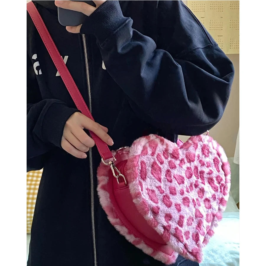 Plush Love Shape Box Bag Leopard Handbag