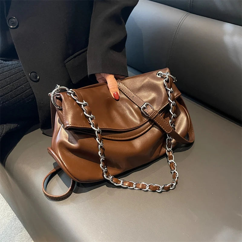 Women's Leather Shoulder Bag Large Solid Chain Crossbody Bag