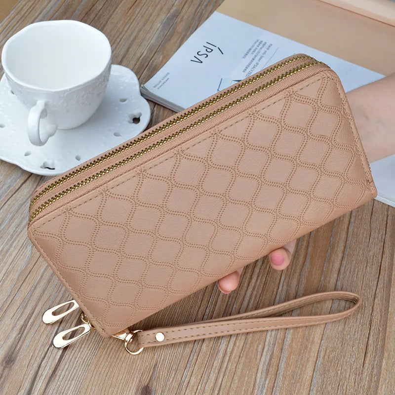 Women's Double Zipper Lady Handbag with Bright Diamond Pattern