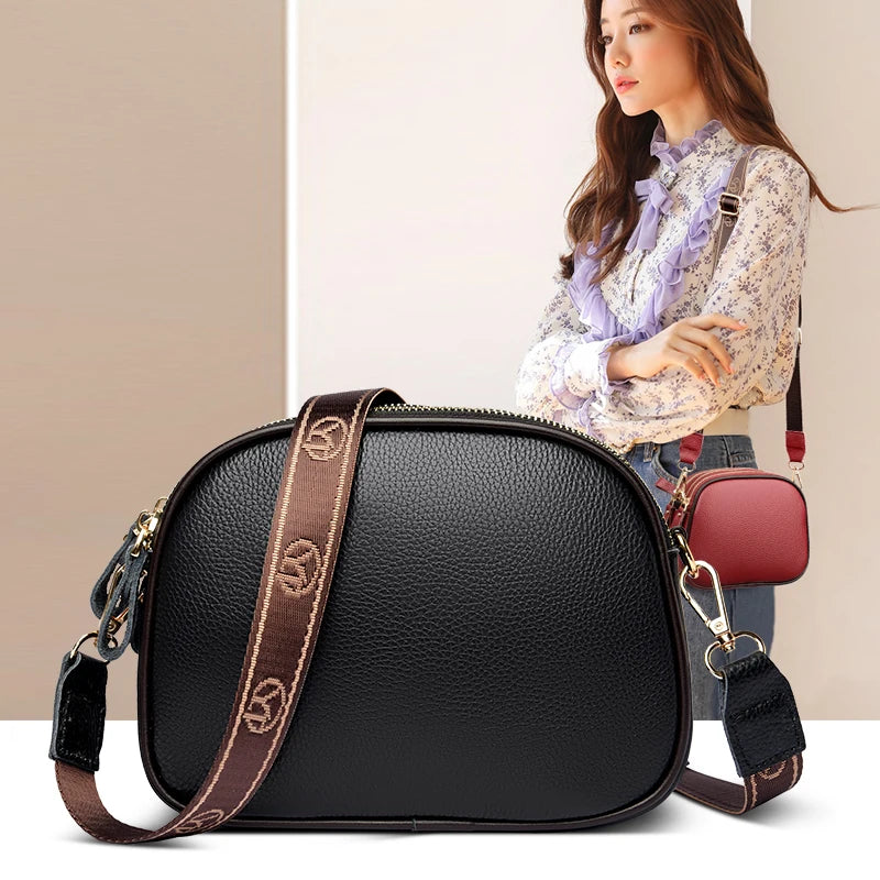 Women's Cowhide Shoulder Bag Wide Woven Leather Messenger Purse