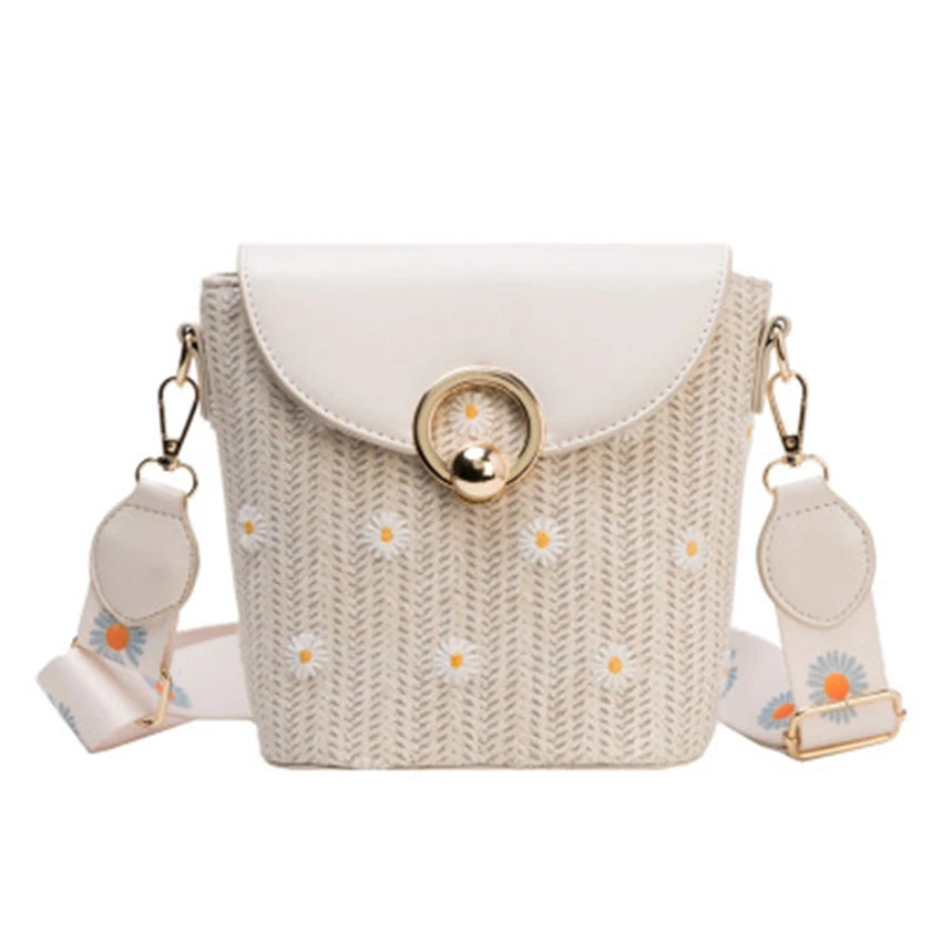 Wide Strap Shoulder Bag Lace Flower Woven Bucket Bag