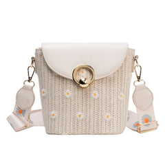 Wide Strap Shoulder Bag Lace Flower Woven Bucket Bag